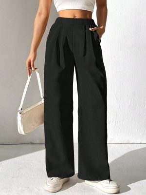 High Waist Pleated Details Elastic Waist Slant Pockets Versatile Wide Leg Pants.