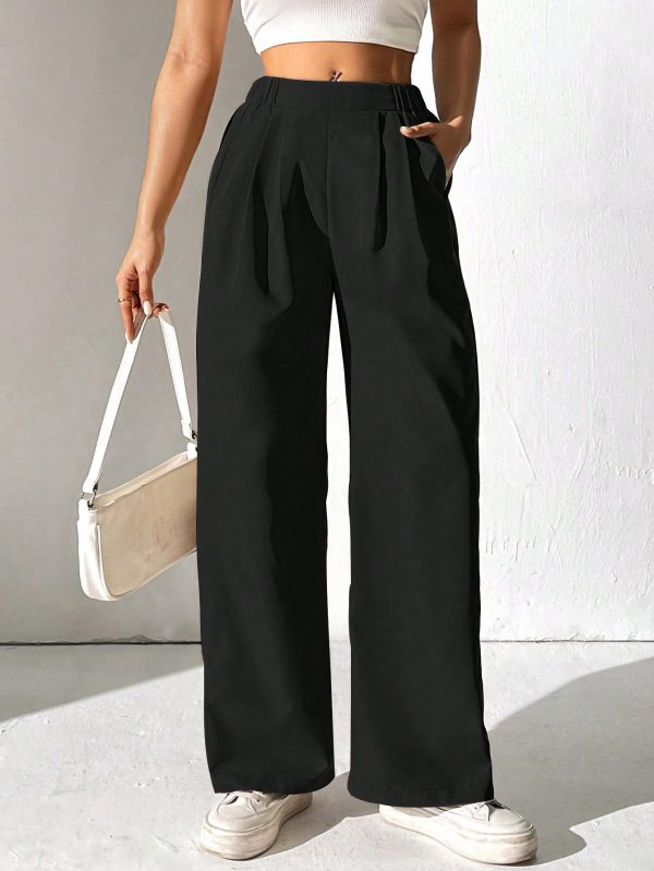 High Waist Pleated Details Elastic Waist Slant Pockets Versatile Wide Leg Pants.