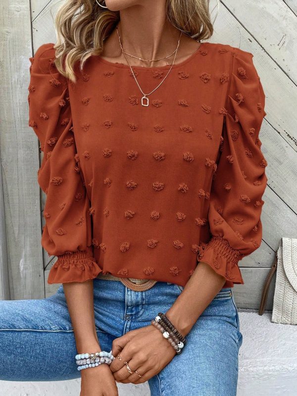 Women's Casual Solid Color Cutout Puff Sleeve Blouse For Autumn