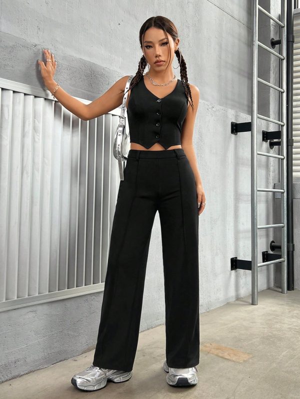 Women'S Solid Colored Vest And Long Pants Set