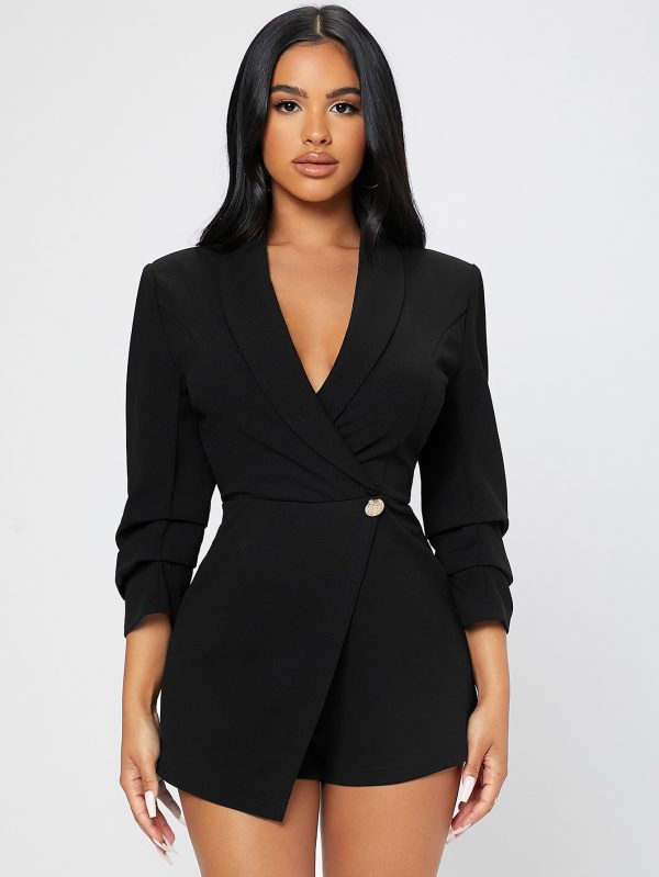 Solid Shawl Collar Wrap Spring Outfits Black Romper