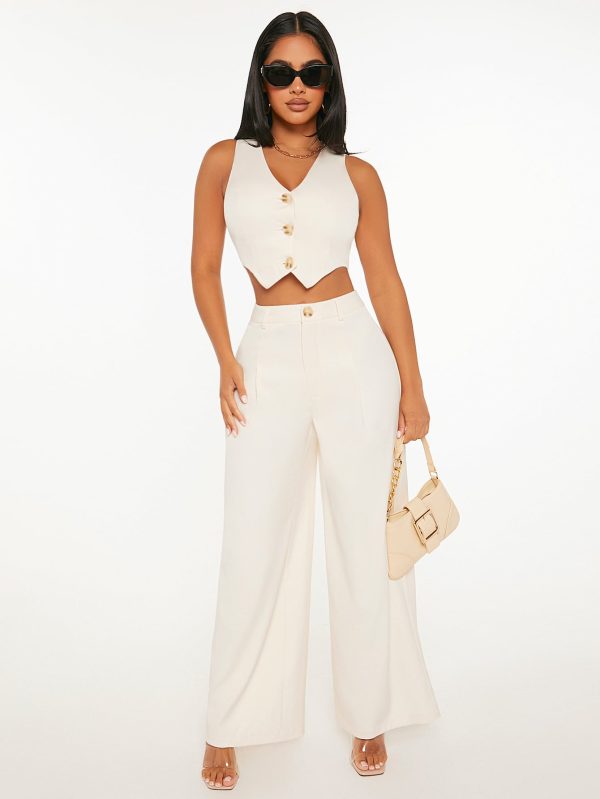 Button Front Vest Jacket & Wide Leg Pants