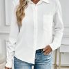 1pc Women Casual Front Pocket Long Sleeve White Blouse, Autumn