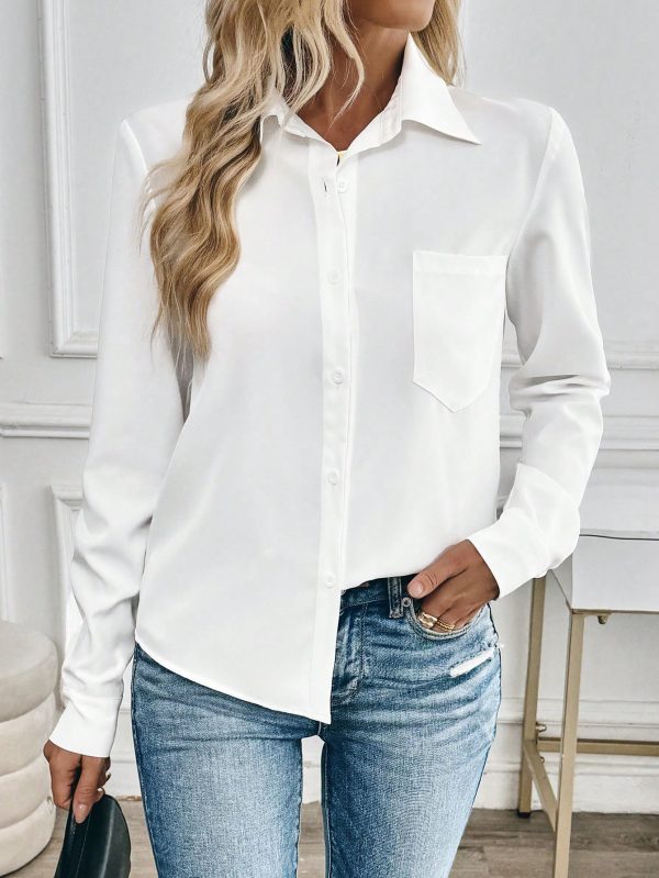 1pc Women Casual Front Pocket Long Sleeve White Blouse, Autumn