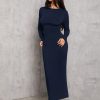 Solid Color Pleated Waist Black Long Sleeve Dress