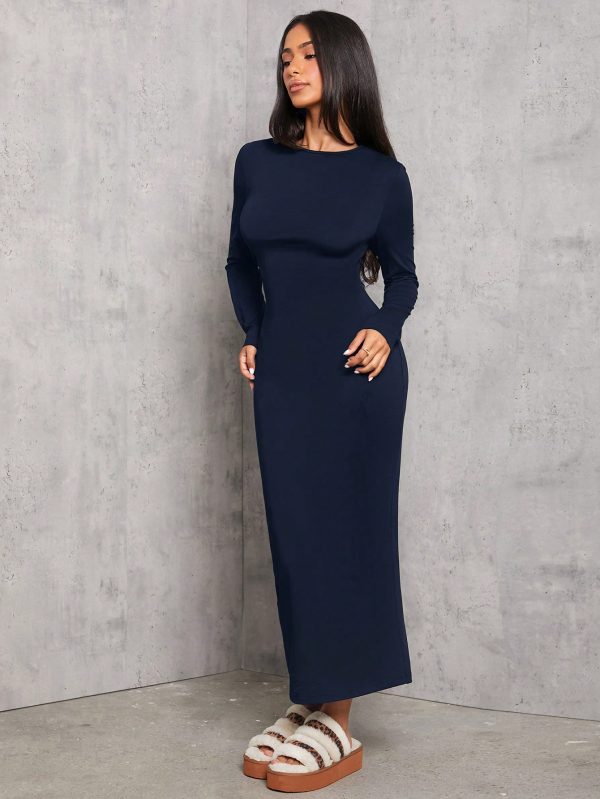 Solid Color Pleated Waist Black Long Sleeve Dress