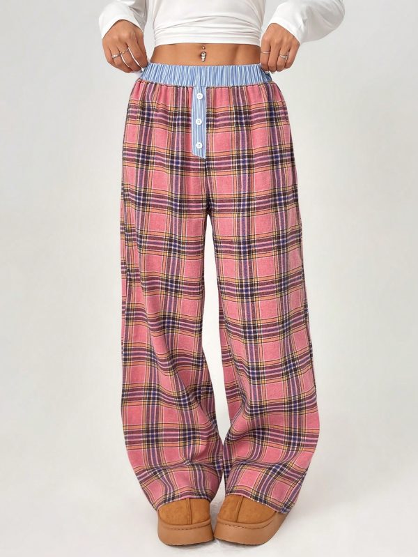 Color-Block Plaid Printed Button Accented Casual Loose Pants
