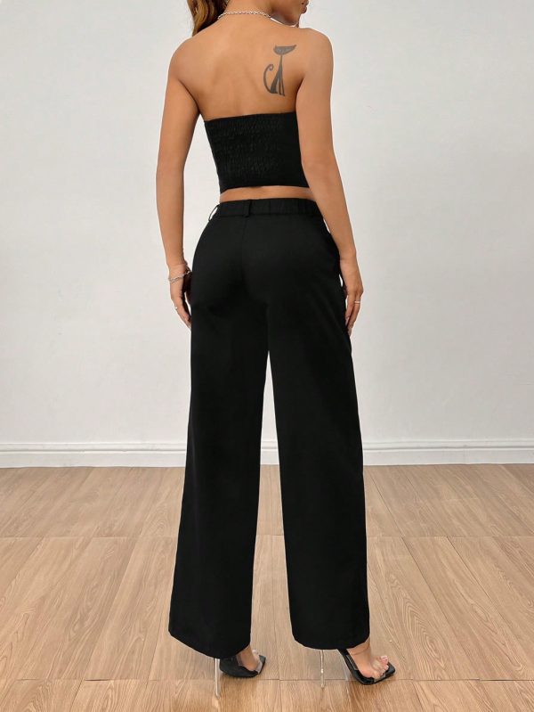 Ladies' Plain Strapless Top With Single-Breasted Button And Pants Two Piece Set