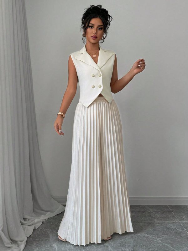 Apricot Color Double-Breasted Suit Collar Pleated Elegant & Romantic Women Suit Set