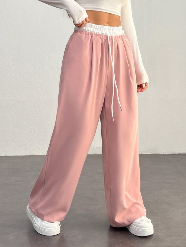 Casual Color Block Woven Drawstring Waist Pants