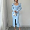 Square Neck Puff Sleeve, Front Ruched, Waist Cinched Elegant Lady Dress