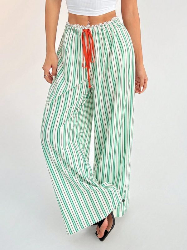 Casual Woven Striped Mid-Rise Loose Wide-Leg Women's Trousers