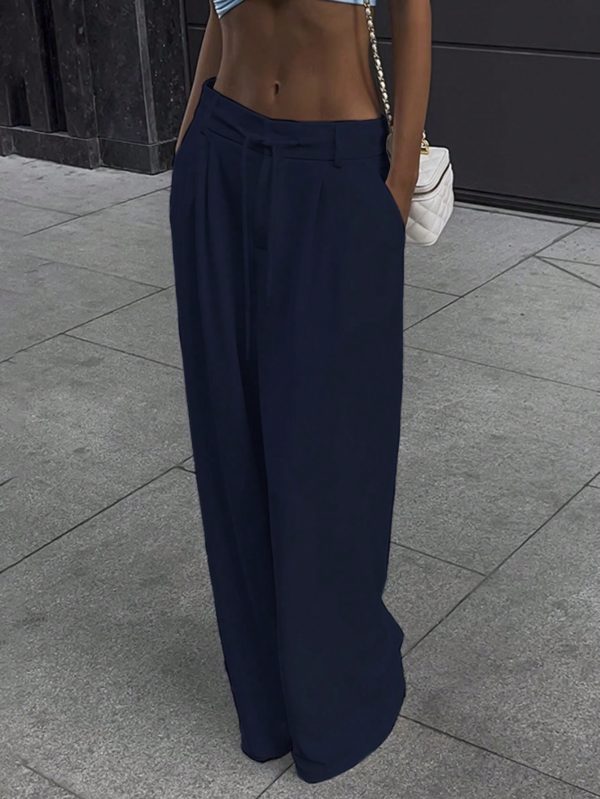 Women Casual Solid Color Slant Pocket Loose Wide Leg Pants, Autumn