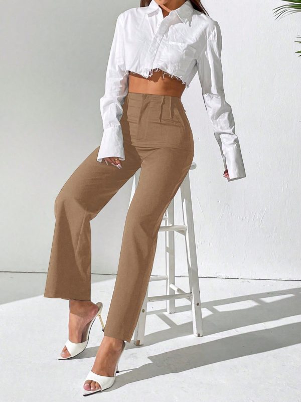 Women Solid Color Woven Casual Straight-Leg Pants
