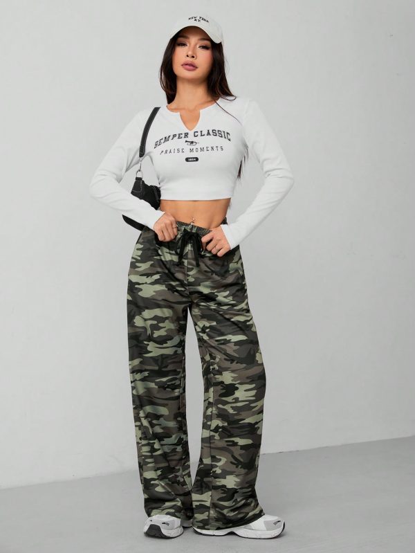 Camouflage Pattern Wide Leg Women's Trousers And Sweatpants