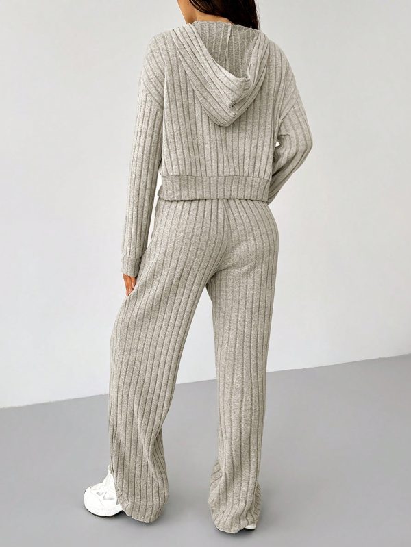 Knit Drop Shoulder Drawstring Hoodie & Pants, Fall Two Piece Outfit