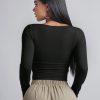 Square Neck Ruched Side Spring Women Outfit Black Tee