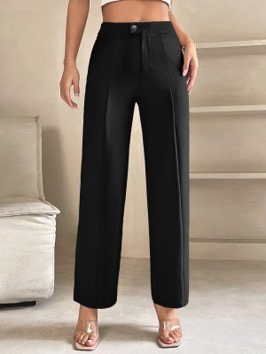 High Waist Seam Detail Straight Leg Spring Black Pants