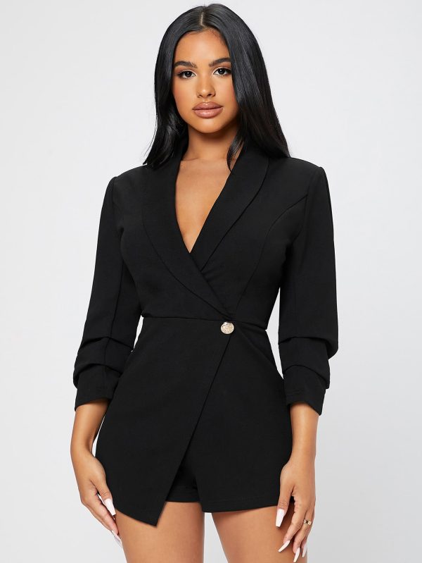 Solid Shawl Collar Wrap Spring Outfits Black Romper