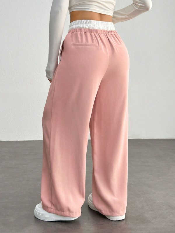 Casual Color Block Woven Drawstring Waist Pants