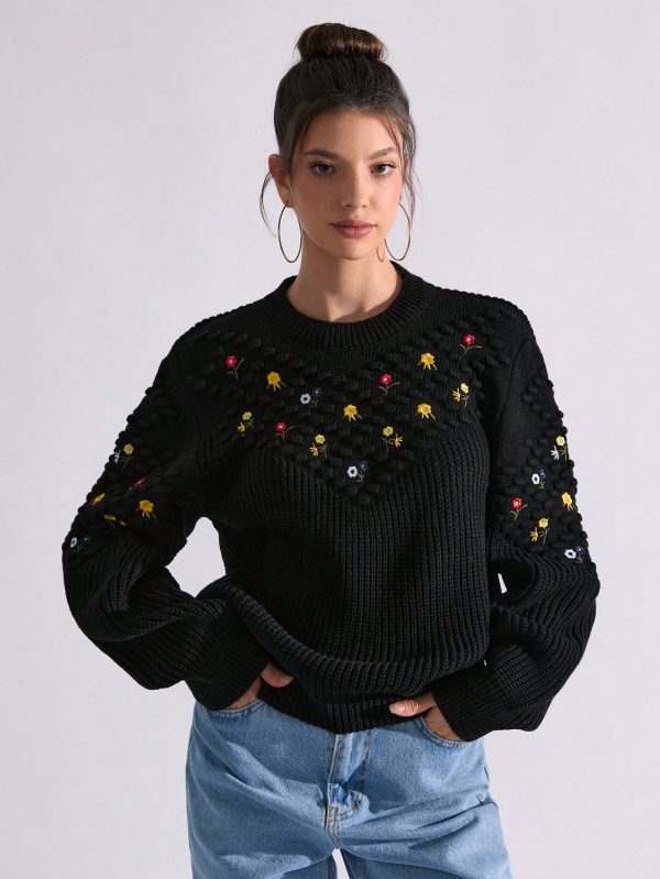 WOMEN FLOWER EMBRODERY FANCY SWEATER
