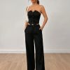 Ladies' Plain Strapless Top With Single-Breasted Button And Pants Two Piece Set