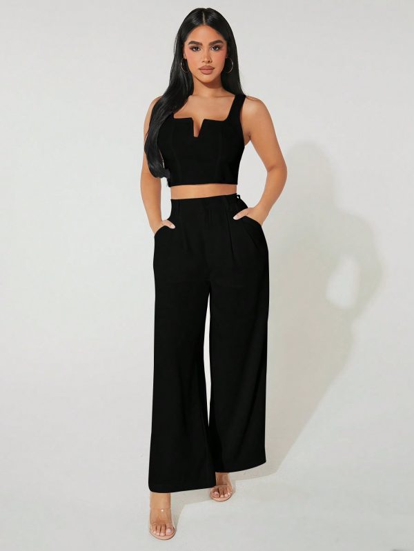 Women's Notch Neck Cropped Vest And Wide Leg Pants 2pcs/Set For Summer