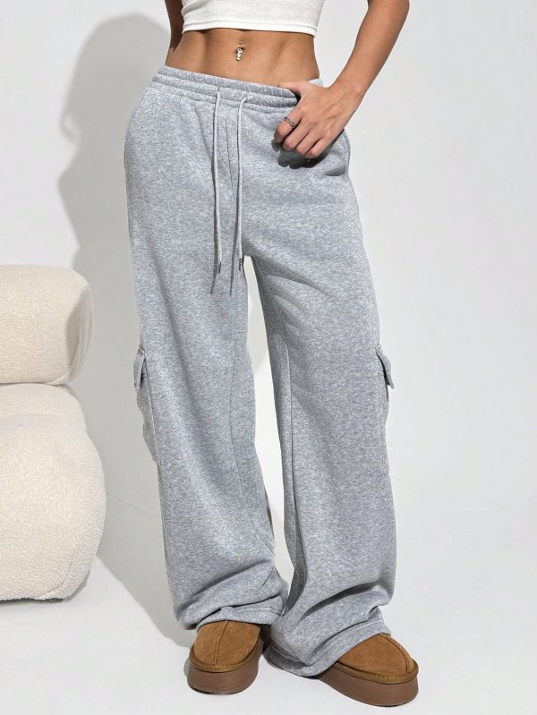 Women's Gray Knit Thick Fleece Lined Ankle Length Casual Utility Baggy Sweatpants