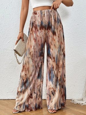 Women 2024 Pleated Tie-Dye Print Elastic Waist  Pants