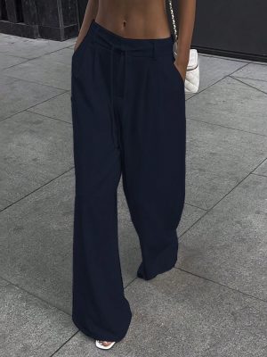 Women Casual Solid Color Slant Pocket Loose Wide Leg Pants, Autumn