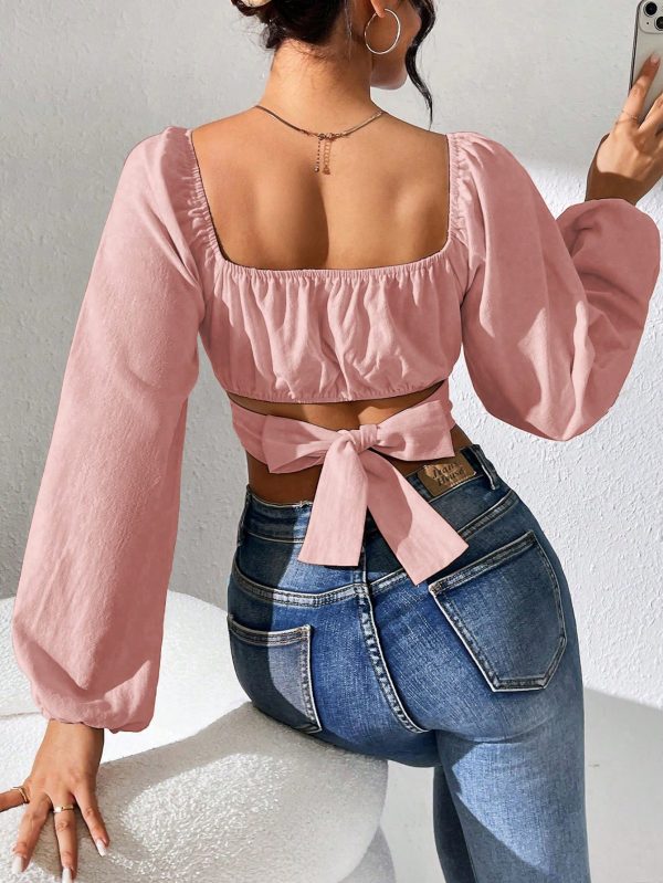 Ladies" Fashionable Sweet Square Collar Backless Tie-Up Shirt