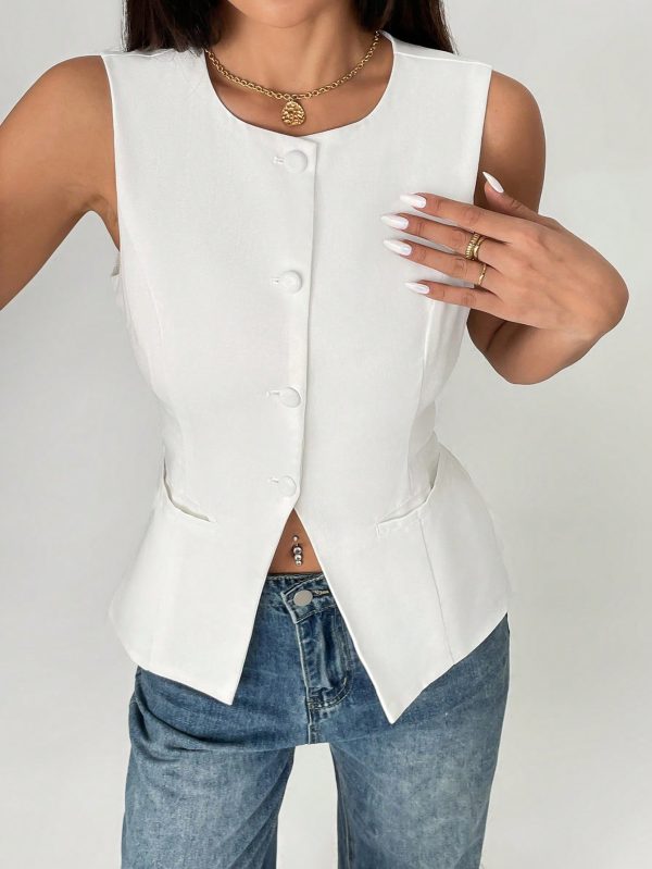 Solid Round Neck Button Front Vest Blazer