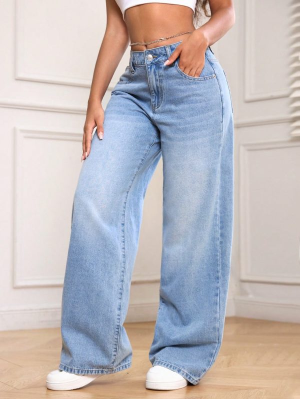 Women Casual Pockets Wide-Leg Loose Fit Denim Jeans