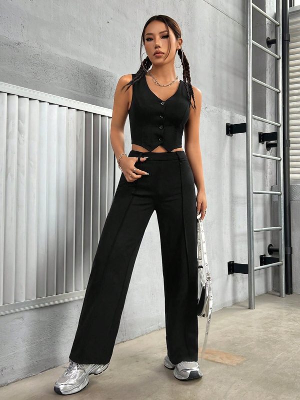Women'S Solid Colored Vest And Long Pants Set