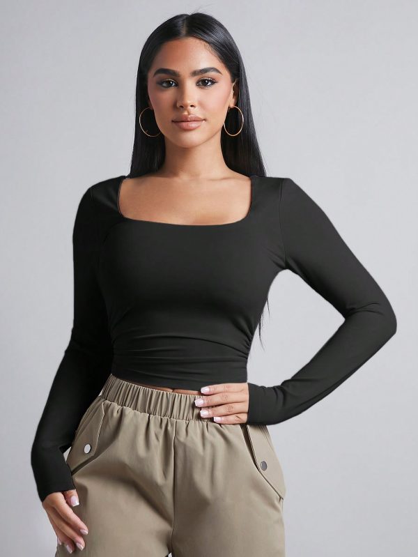 Square Neck Ruched Side Spring Women Outfit Black Tee