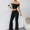 Women's Solid Color Pleated Off Shoulder Cropped T-Shirt And Flare Pants Two-Piece Set