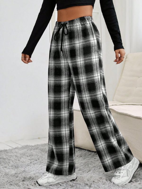 Women's Drawstring Waist Plaid Long Pants