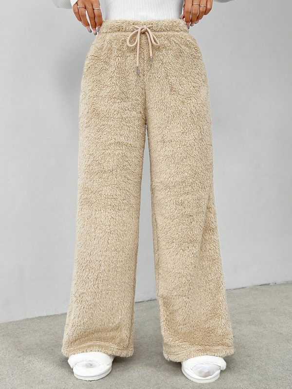 Drawstring Waist Teddy Wide Leg Pants