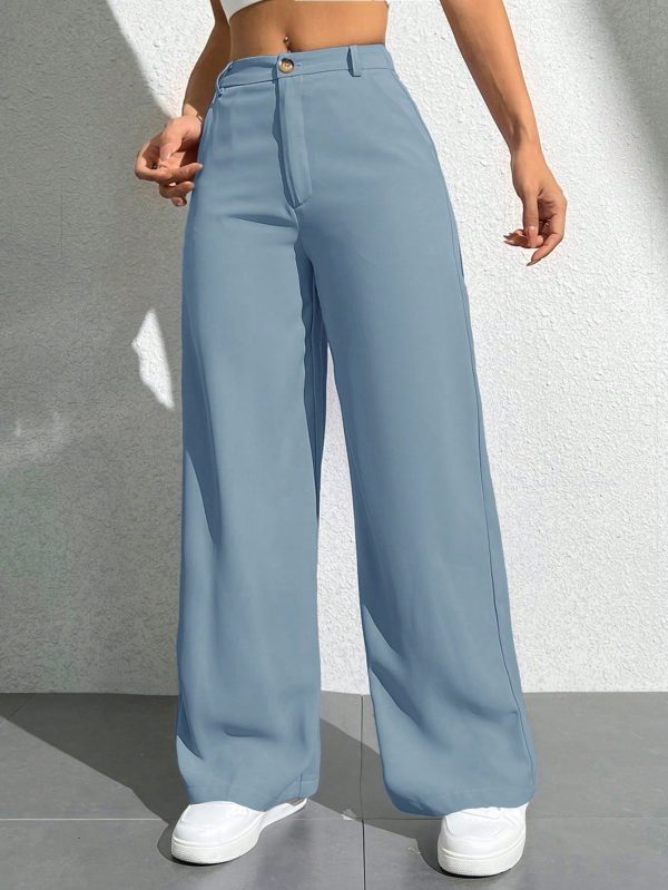 Women's Solid Color Button Zipper Straight Leg Casual Pants