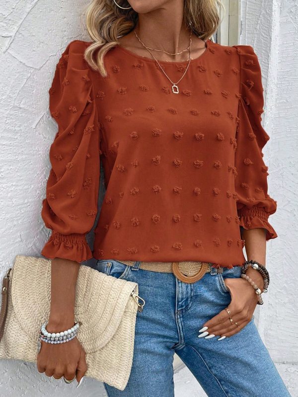 Women's Casual Solid Color Cutout Puff Sleeve Blouse For Autumn