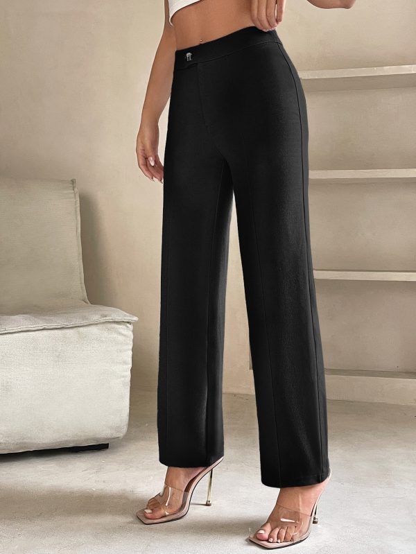 High Waist Seam Detail Straight Leg Spring Black Pants