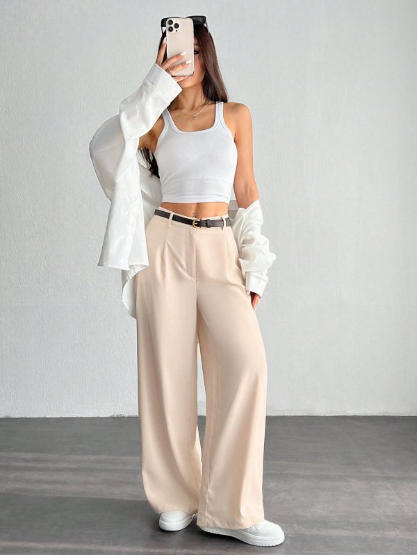 Women's Pleated High Waist Belted Wide Leg Casual & Commuting Pants In Beige