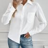 1pc Women Casual Front Pocket Long Sleeve White Blouse, Autumn