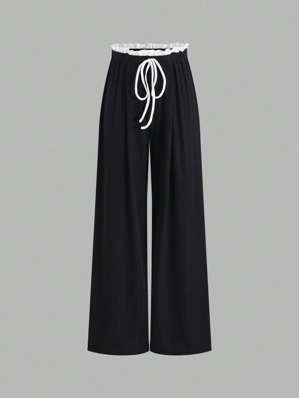 2pcs/Set Women Sleeveless Round Neck Top And Drawstring Two-Tone Flounced Hem Pants