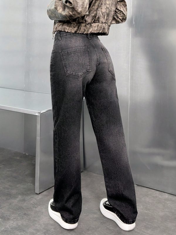 Casual High Waist Washed Straight Leg Jeans