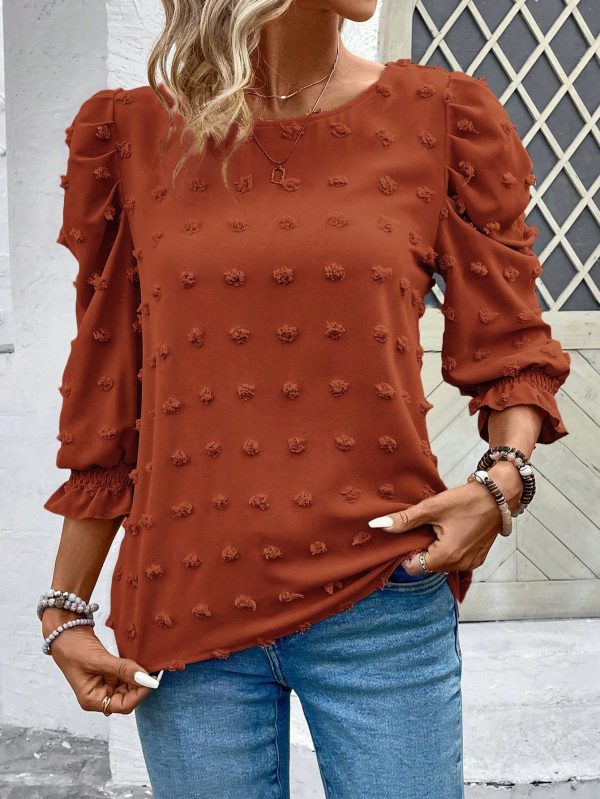 Women's Casual Solid Color Cutout Puff Sleeve Blouse For Autumn
