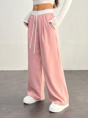 Casual Color Block Woven Drawstring Waist Pants