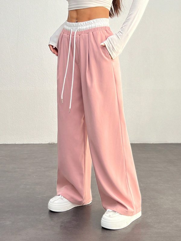 Casual Color Block Woven Drawstring Waist Pants