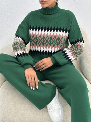Women's Geometric Pattern High Neck Sweater 2pcs/Set