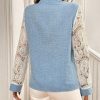 Women Elegant Denim Effect Contrast Lace Trim Long Sleeve Shirt, Autumn